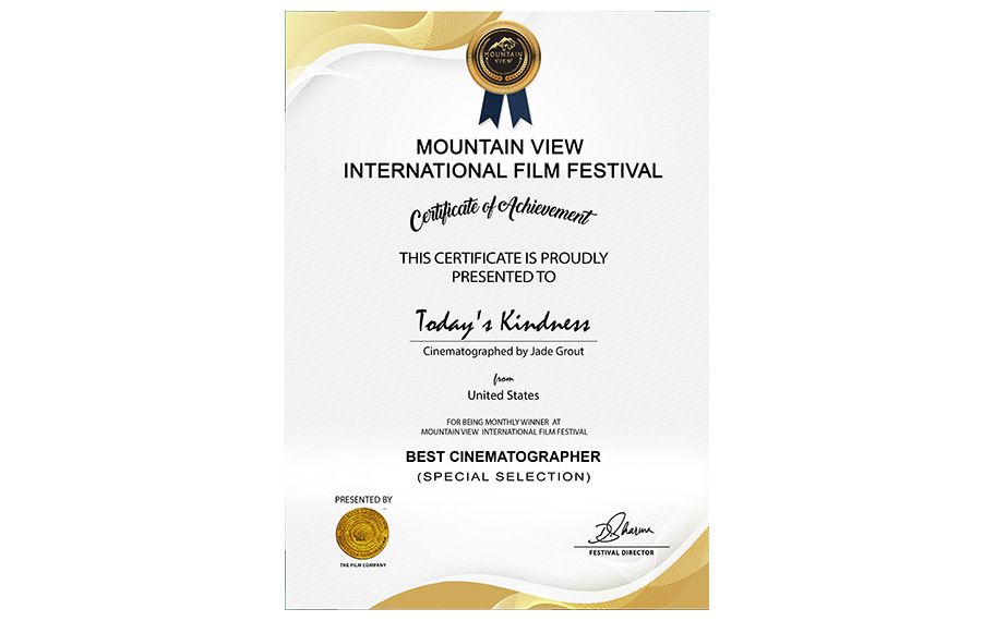 mountain view international film festival best cinematographer award certificate